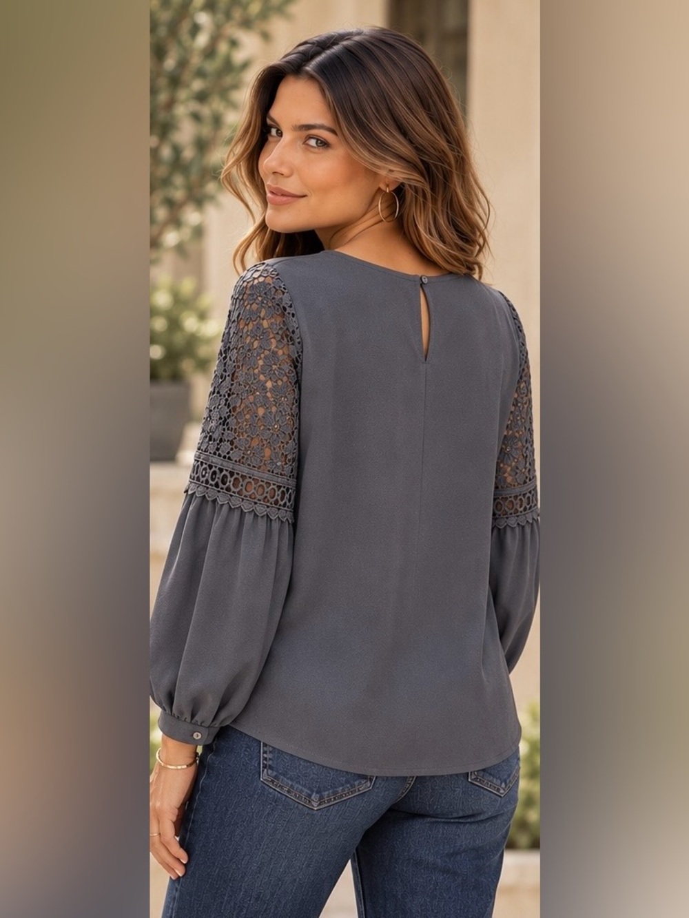 LOFT Gray Lace Sleeve Blouse 100% Rayon Balloon Sleeve Elegant NWT - Picture 2 of 6